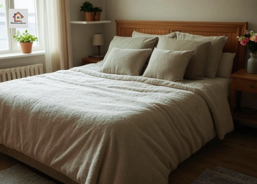 Cozy bedroom with beige bedding, wooden headboard, nightstands, plants, and a window with sheer curtains
